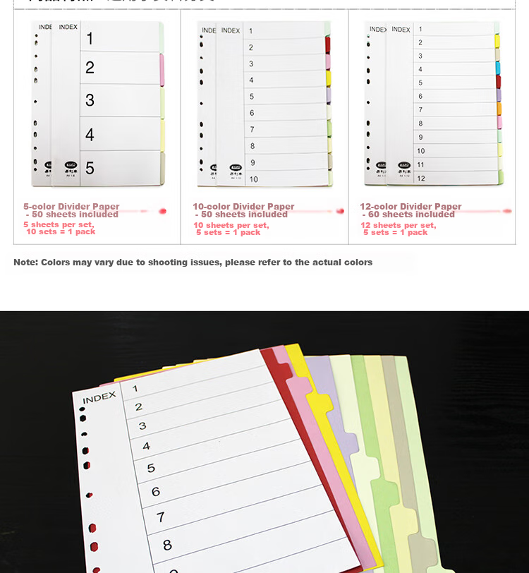Elifo Page Separators, Index Dividers, Classification Paper, Loose-Leaf Paper for Indexes, Paper Plastic Digital English Three-Hole Binders [With Holes], 10 Colors, 50 Sheets Per Pack 12
