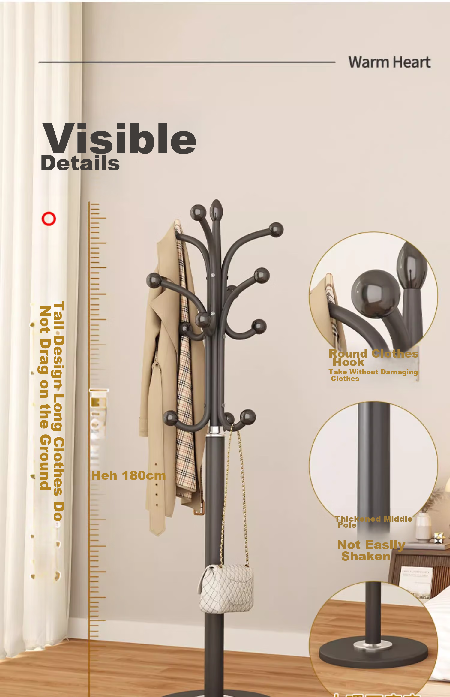 YOUQIN Coat Rack, Floor-Standing Wardrobe Hanger, Home Living Room Simple Standing Clothes Drying Rack, Multifunctional Bag Hanger 6