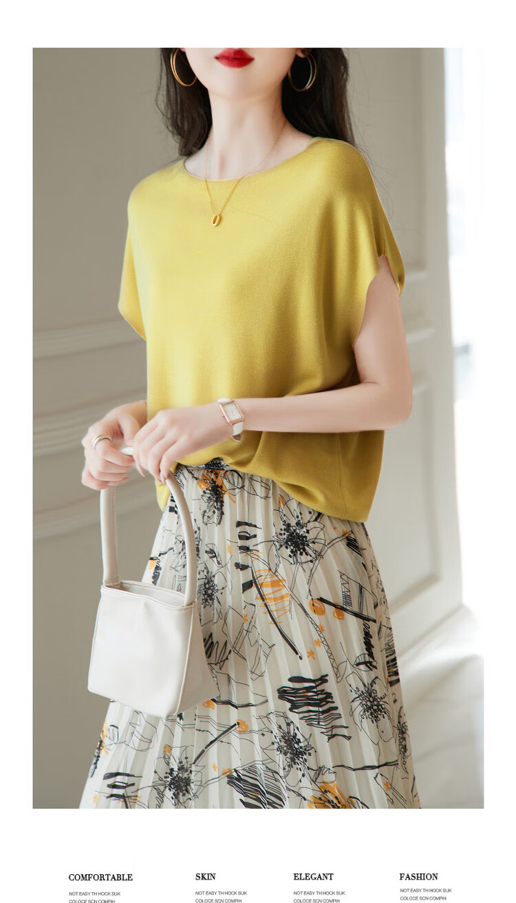 Dme [One-Word Collar Knit Top], Summer Elegant Batwing Sleeve Short-Sleeve Knit Sweater, Women's Blouse 4