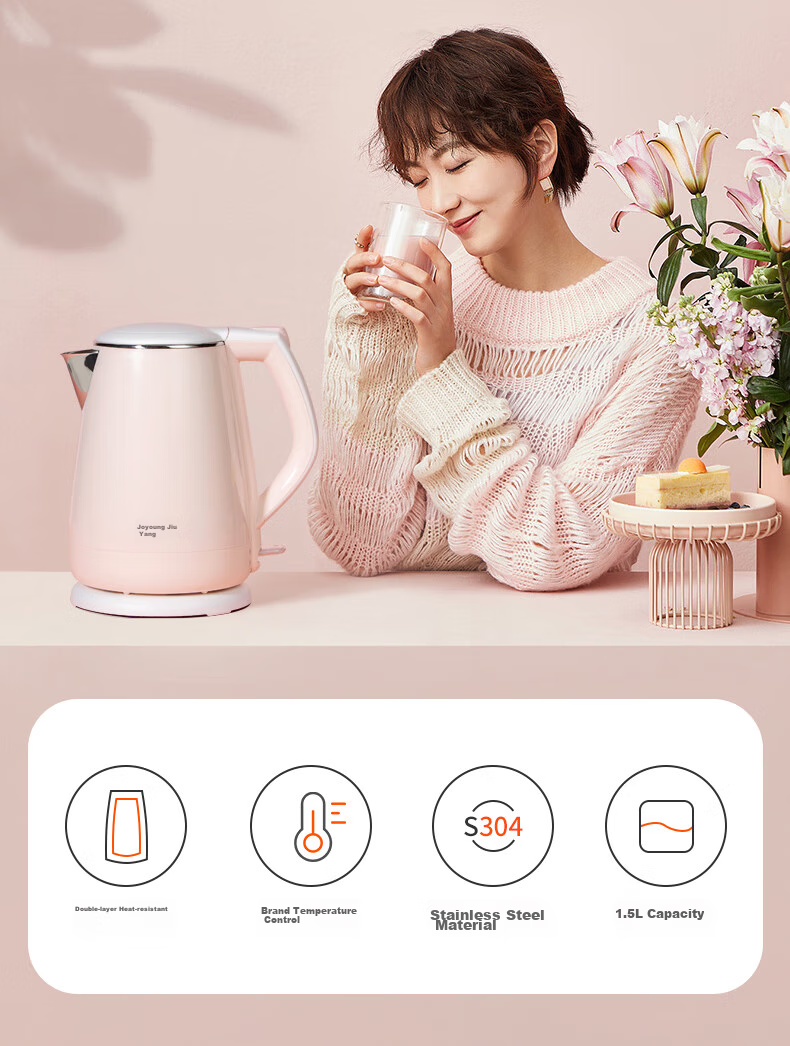 Joyoung Electric Kettle, Double-Layer Anti-Scalding 304 Stainless Steel, Large Capacity Household Water Boiler without Glue, K15-F626 3