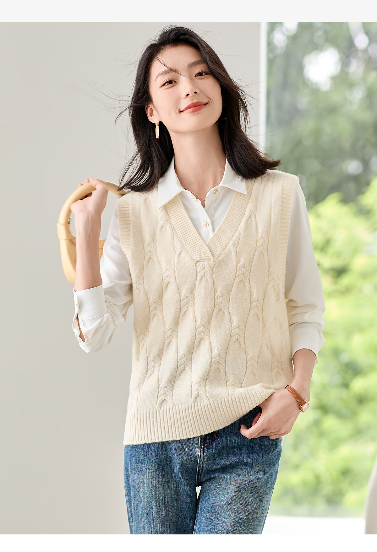 Chushen Women's Fashion V-Neck Layered Knitwear Versatile Solid Color Knit Vest Sweater S143Z5001 3