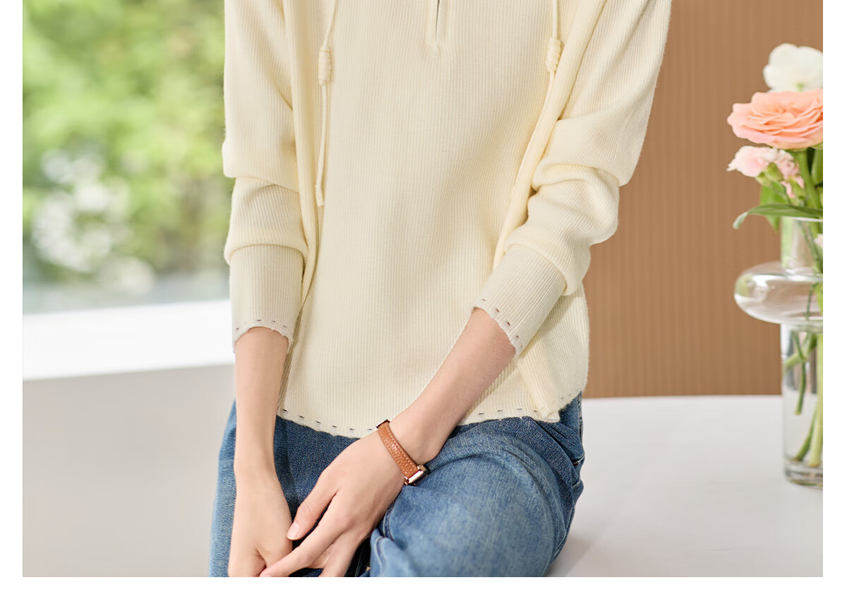 Chushen Women's Hooded Knit Sweater with Drawstring Half-Zip, Fashionable Casual Pullover Top S143Z3012 22
