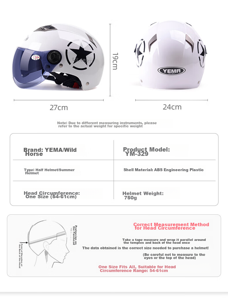 YEMA 3C Certified 329S Electric Motorcycle Helmet, Summer Dual-Lens Half Helmet for Men And Women, Sun Protection Safety Helmet, One Size Fits All, White with Clear Long Visor 16