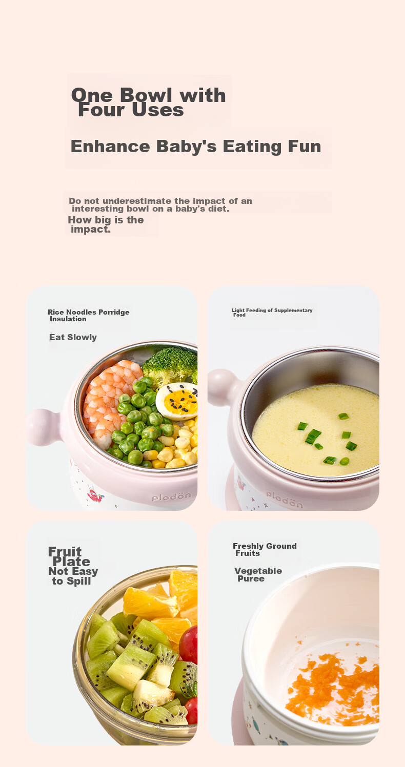PLODON Baby Food Bowl with Temperature Control Water Injection, 316 Stainless Steel Insulated Feeding Bowl, Anti-Fall Children's Tableware for Infants 18