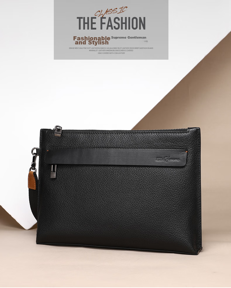 ELLE HOMME Business Men's Clutch, Soft Top-Grain Leather Envelope Bag, Large Capacity Multi-Compartment Handbag EB084800101 Black, Birthday Gift for Boyfriend 1