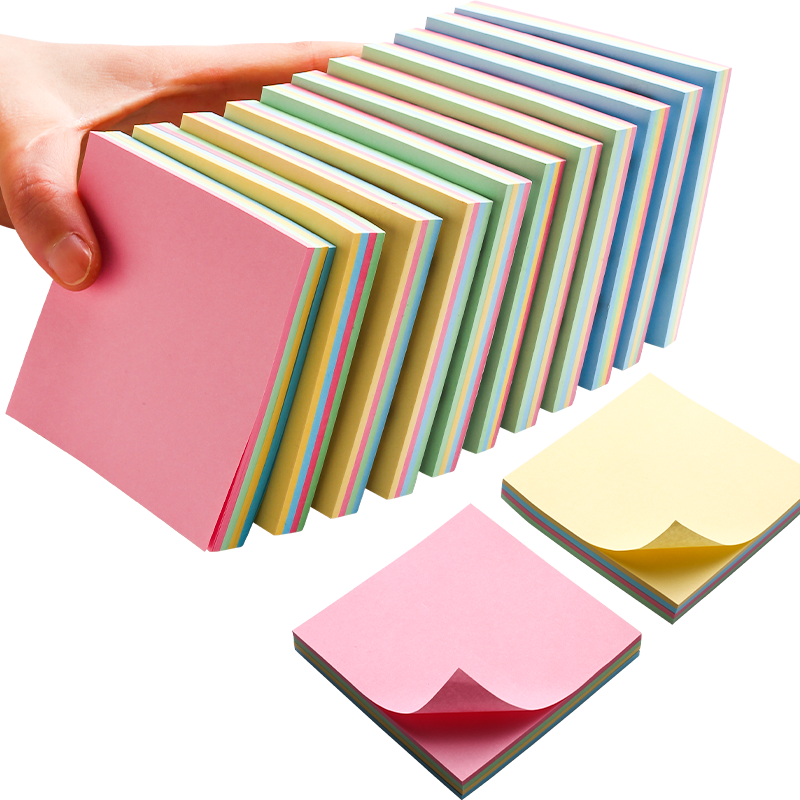 Jinzhi 1000 Sheets (Pack of 10), 4 Colors Simple Sticky Notes, 76*76mm Memo Pad, Reusable Sticky Notes, Cute Self-Adhesive Message Pad, Student Stationery Office Supplies