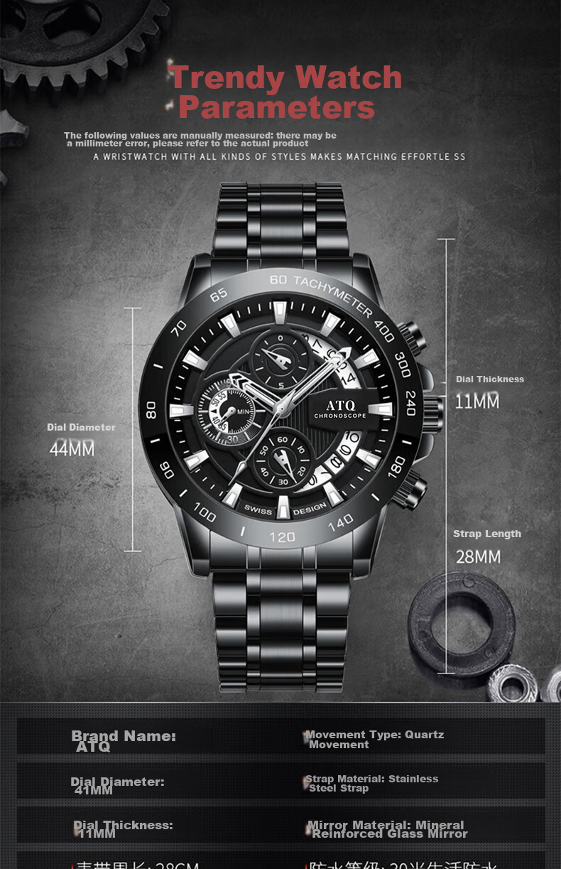 ATQ Celebrity Endorsed Black Knight Men's Casual Business Quartz Watch, New Year Valentine's Day Gift for Boyfriend Or Husband 6