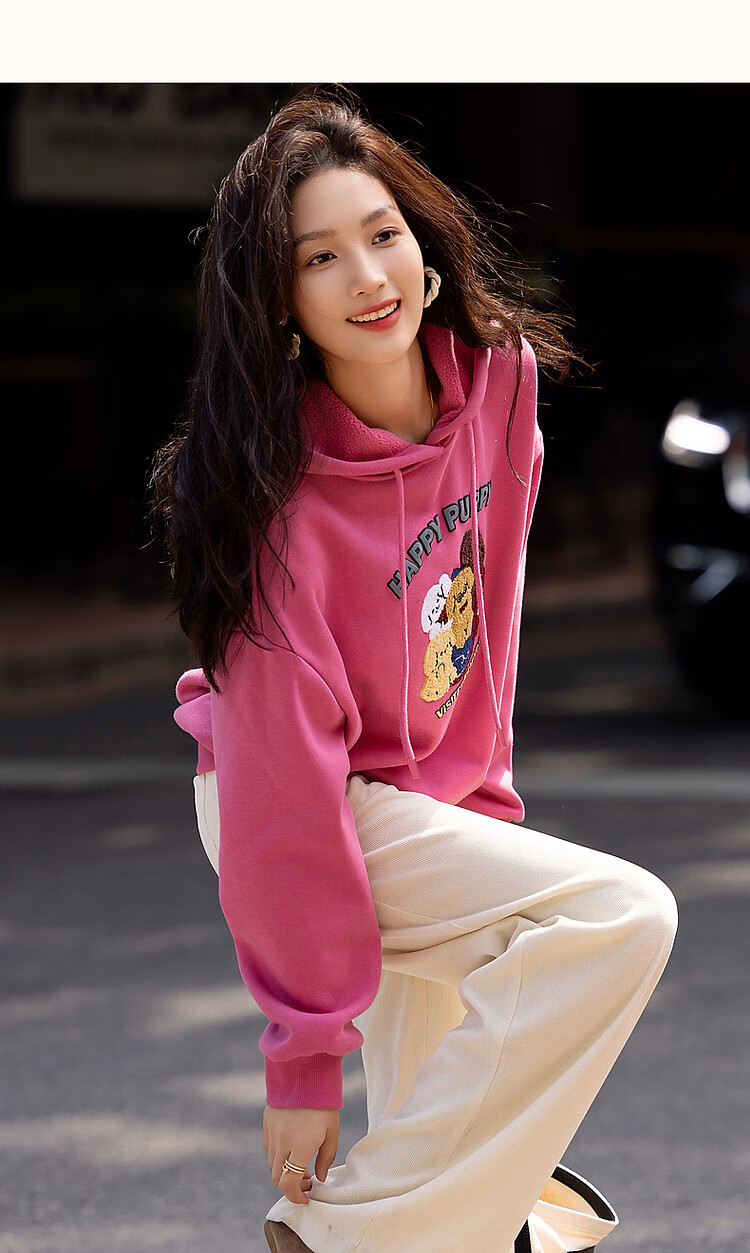 Dme Winter Casual Hooded Letter Animal Towel Embroidery Fleece-Lined Warm Sweatshirt Women's Top, Light Water Green, XL 17