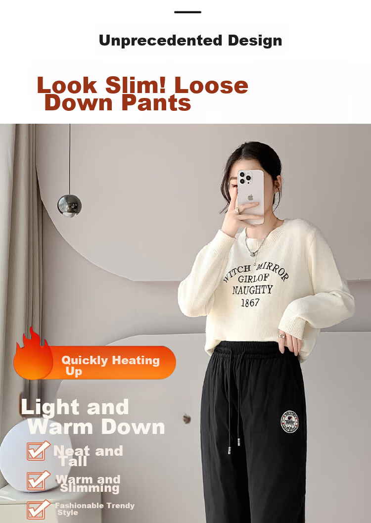 Yishangmei White Duck down Pants for Women, High-Waisted Fleece-Lined Thickened Harem Pants, Loose-Fitting Winter Outerwear, Black, 2XL 15