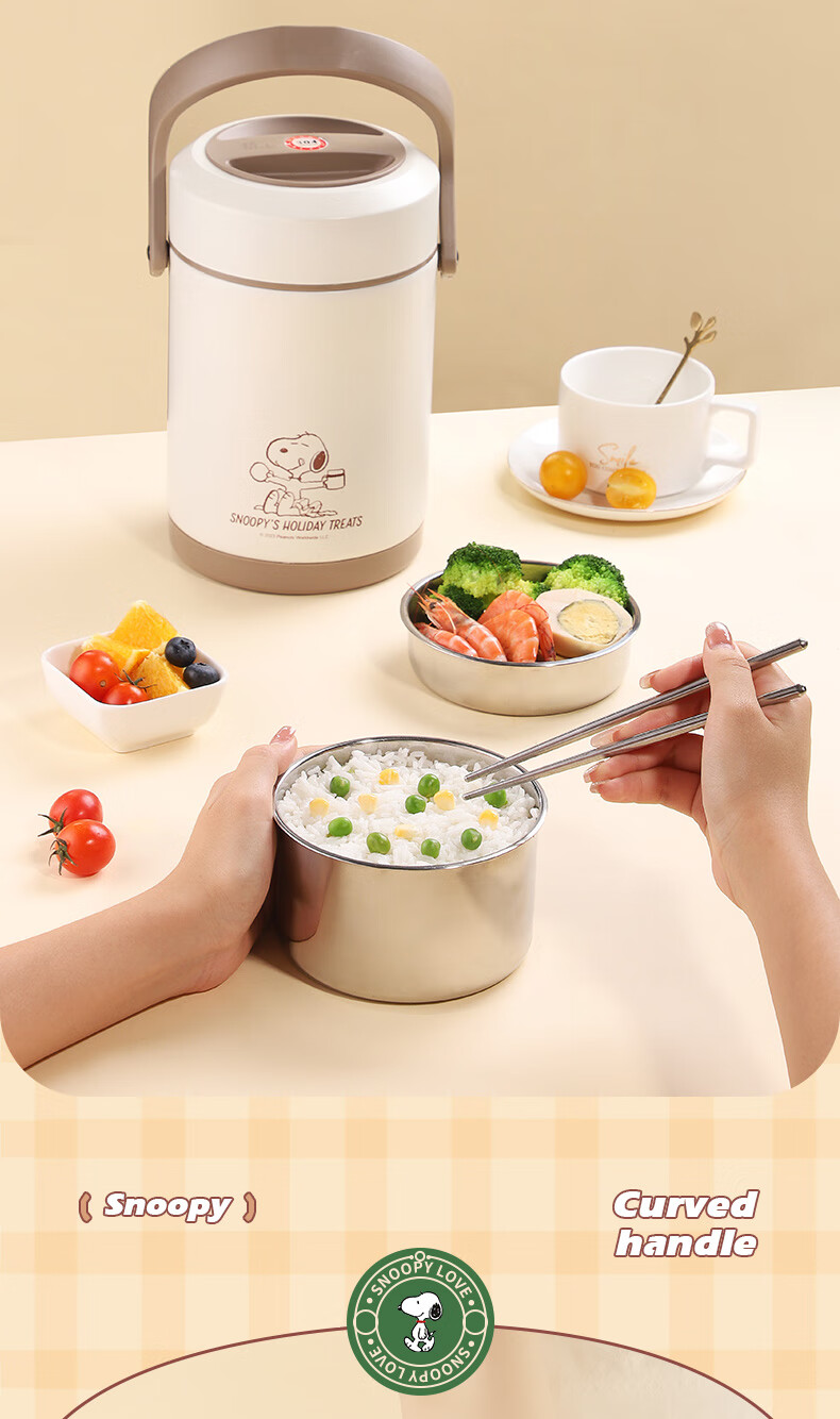 SNOOPY Insulated Lunch Box with Handle, 2L Large Capacity, for Office Workers And Students, Multi-Layer Portable Stainless Steel Thermos (With Thermal Bag) 10