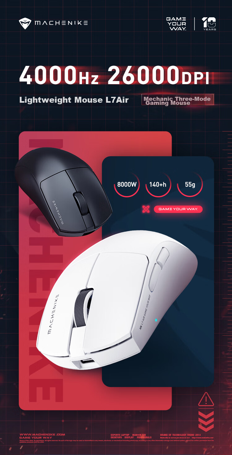 MACHENIKE L7 Air Wireless Mouse, Lightweight Gaming And Office Tri-Mode E-Sports Mouse, Ergonomic Long Battery Life [Standard 4K Receiver] L7air White Three-Mode 2