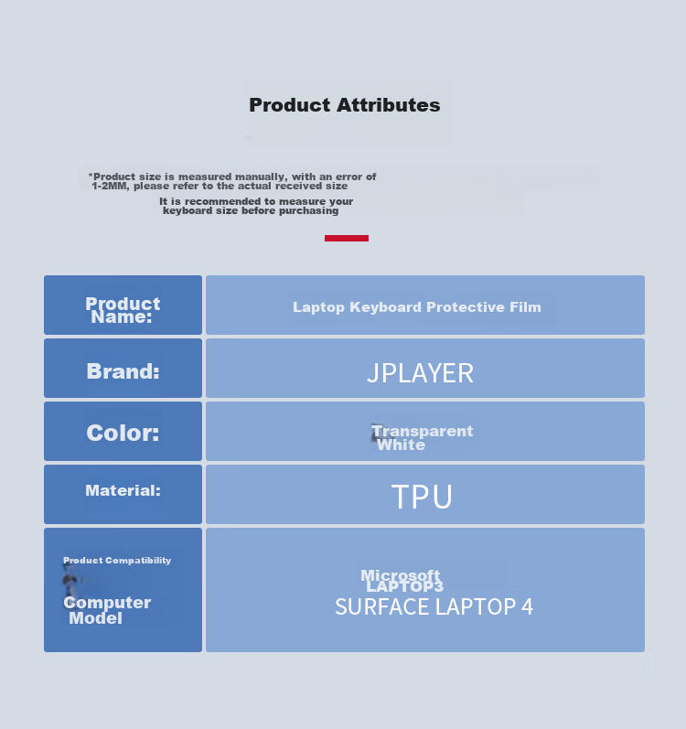 JPLAYER Keyboard Protector for Microsoft Surface Laptop 5/Laptop 4/Laptop 3, Ultra-Thin Invisible Film, High Transparency, Waterproof And Stain-Resistant 11