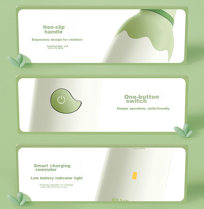 FLYCO Children's Electric Toothbrush with 3 Modes, Smart Timer, Sonic Soft Bristles, for Ages 3-6 Birthday And Children's Day Gift for Boys FT7110 Cute Gree 31