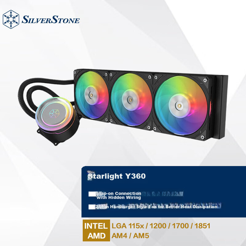 Silverstone Starlight Y360 All-In CPU Water Cooler Black Edition (Multi-Platform Mounting Brackets / Compatible with LGA1700 / ARGB Lighting Effects / Clip-On Fans / Hidden Cable Management)