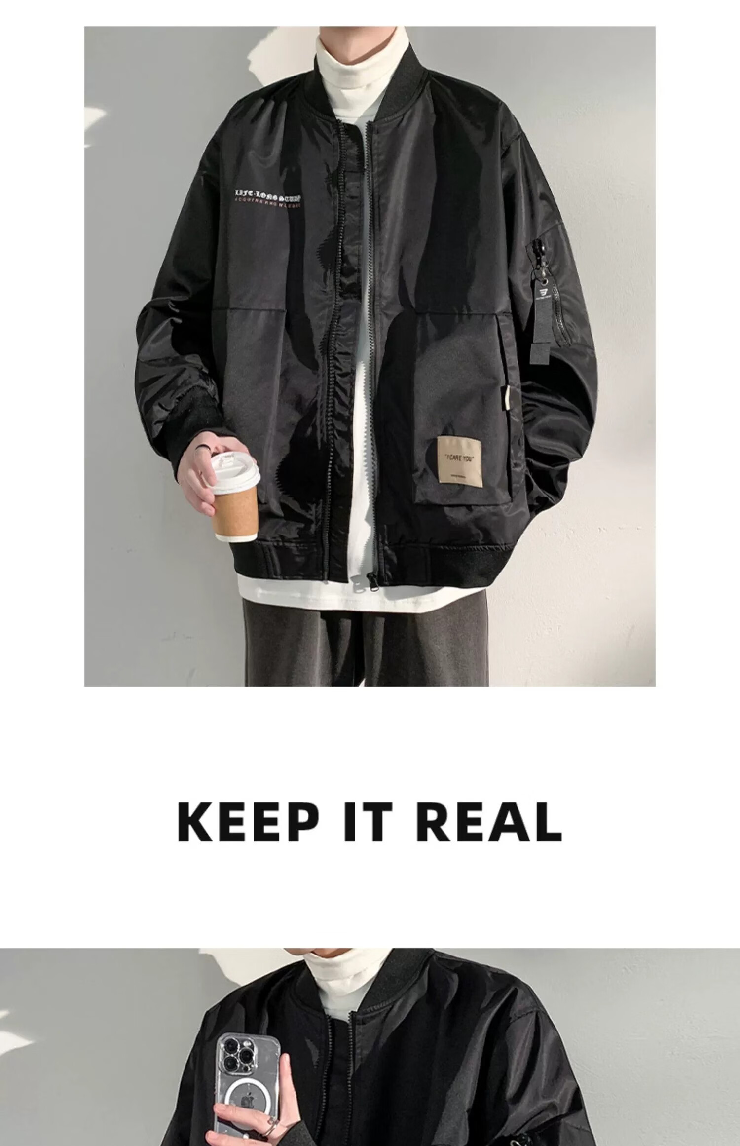 Dingfengbaoluo Outdoor Hiking Windbreaker Jacket for Men, Spring Loose Fit Windproof Casual Coat MYY740 Black Size M 24