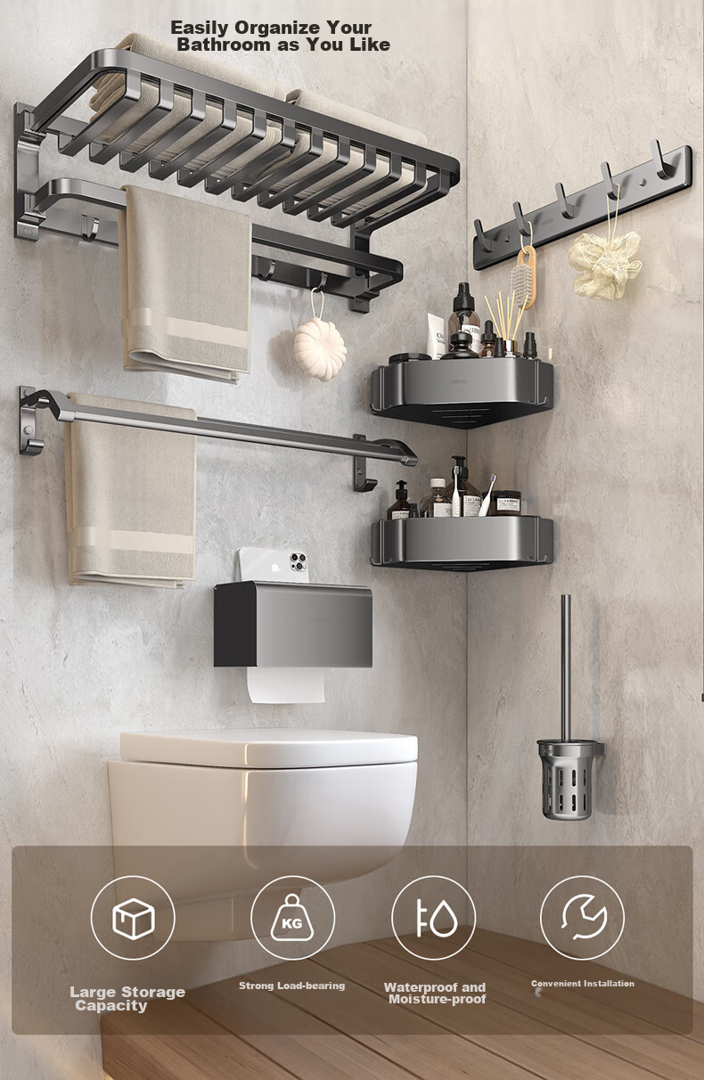 MICOE Gunmetal Space Aluminum Bath Towel Rack, Bathroom Thickened Foldable No-Drilling Towel Storage Rack, Bathroom Towel Holder 3