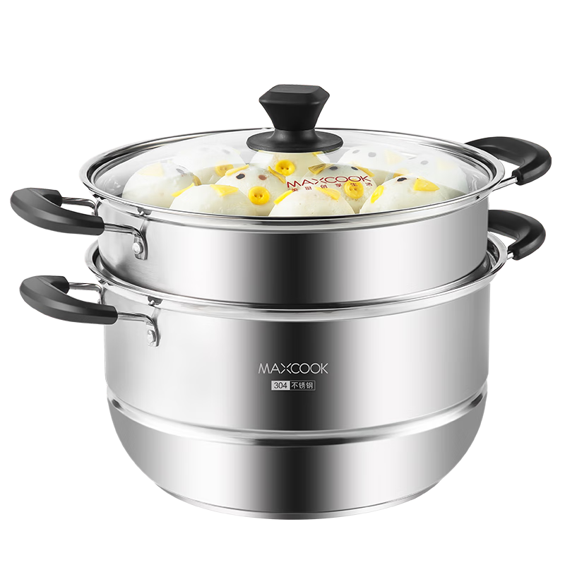 MAXCOOK 304 Stainless Steel Steamer Pot, 30CM Soup Pot, Double-Layer Large Capacity Thickened Bottom, Compatible with Gas Stove And Induction Cooker