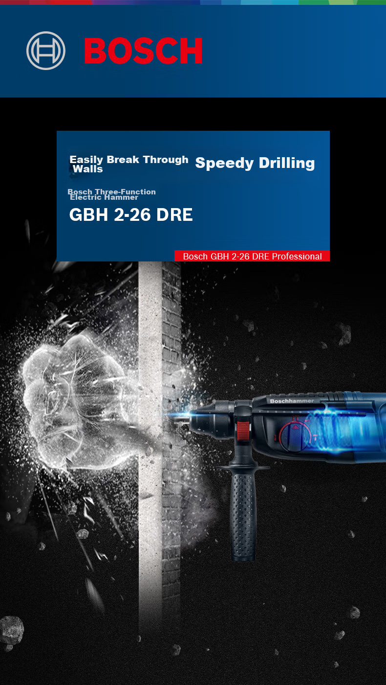 BOSCH Electric Hammer, Drill, Pick, Flat Drill, Chisel, Impact Reversing Four-Hole Electric Hammer Tool Box, 830W Plug-In GBH2-26 2