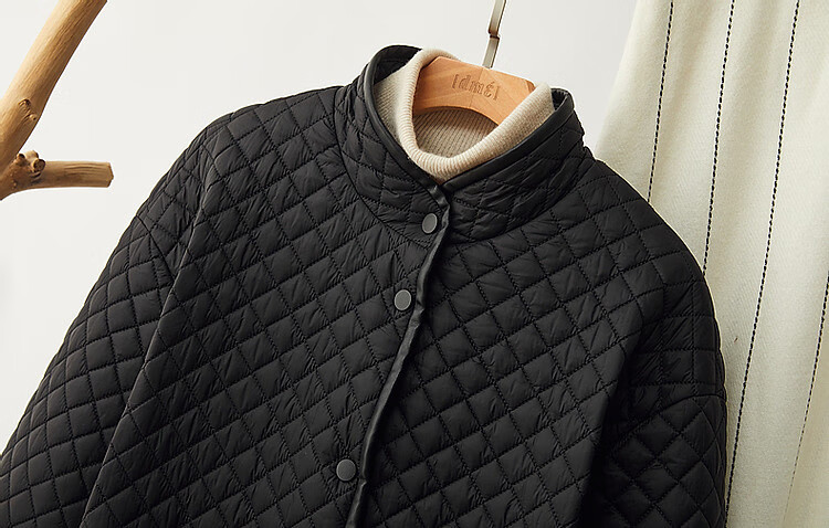Dme [Quilted Diamond-Patterned Cotton Coat] Winter Stand-Collar Loose Drop-Shoulder Anti-Chafe Padded Jacket for Women, Mid-Length Style, Black, Size M 24