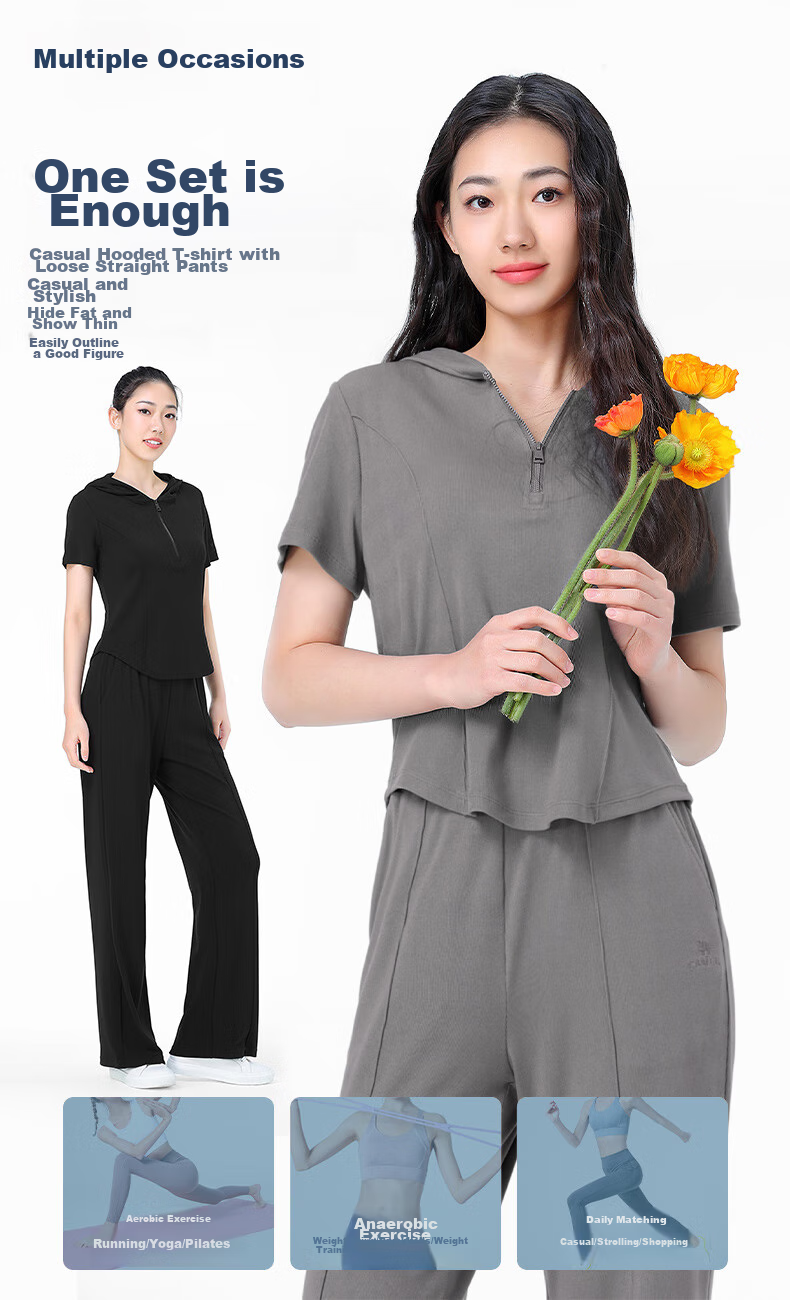 CAMEL Casual Sports Set, New Women's Clothing, Short-Sleeve Jacket, Wide-Leg Straight Pants, Two-Piece Set, Knitted Casual Sportswear 5