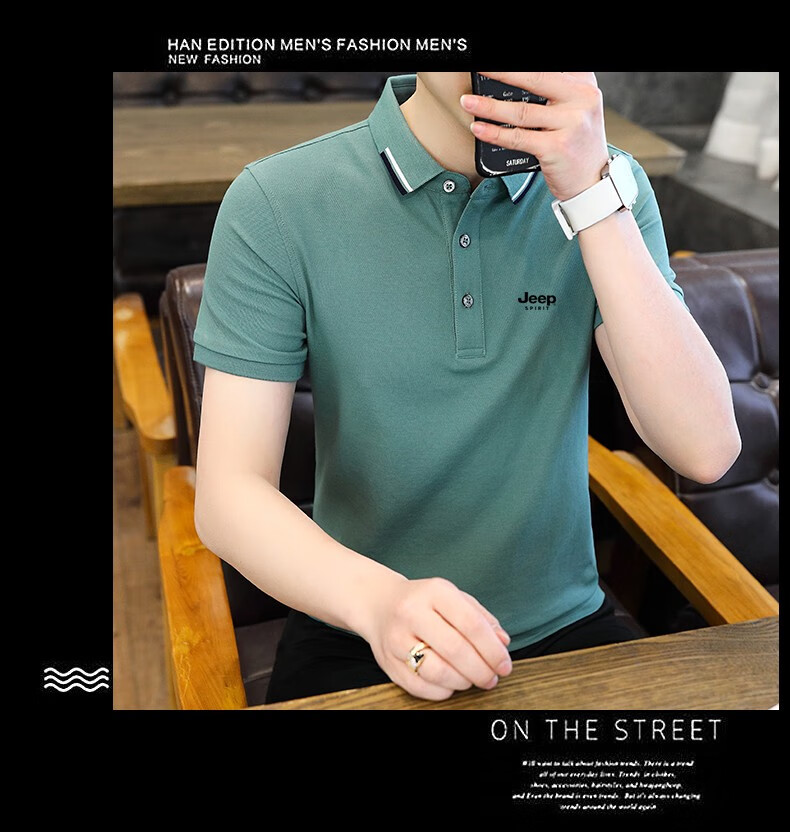 JEEP SPIRIT Men's Short Sleeve T-Shirt Summer Polo Shirt Casual Versatile Top Blue Green 3XL 12