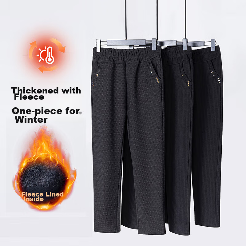 Hengyuanxiang Middle-Aged Women's Winter Fleece-Lined Thick Casual Pants, High-Waisted Elastic Waist Trousers for Middle-Aged And Elderly Women, Straight-Leg Pants 5