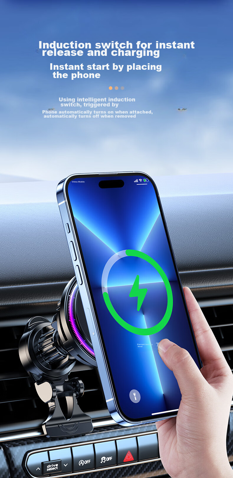 Dijialun Magnetic Car Phone Holder with Cooling, Wireless Fast Charger for Apple 18, Semiconductor Heat Dissipation, Car Ambient Light 3