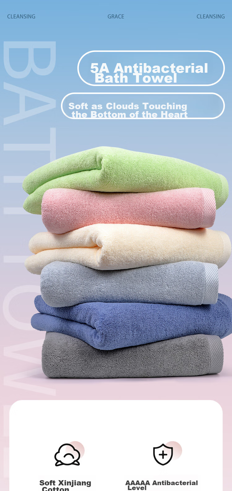 Grace 5A Antibacterial Thick Pure Cotton Bath Towel for Men And Women, Thickened Shower Towel, Absorbent Quick-Drying Soft Wrap Towel, Gray Sports 1