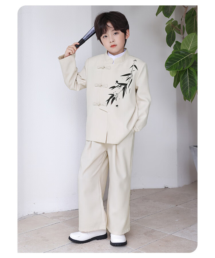 LUOBOBEIBEI Boys' New Chinese-Style Formal Wear, Winter Fleece-Lined Jacket, Children's National Style Suit Tang Costume, Black Three-Piece Set, Size 140 10