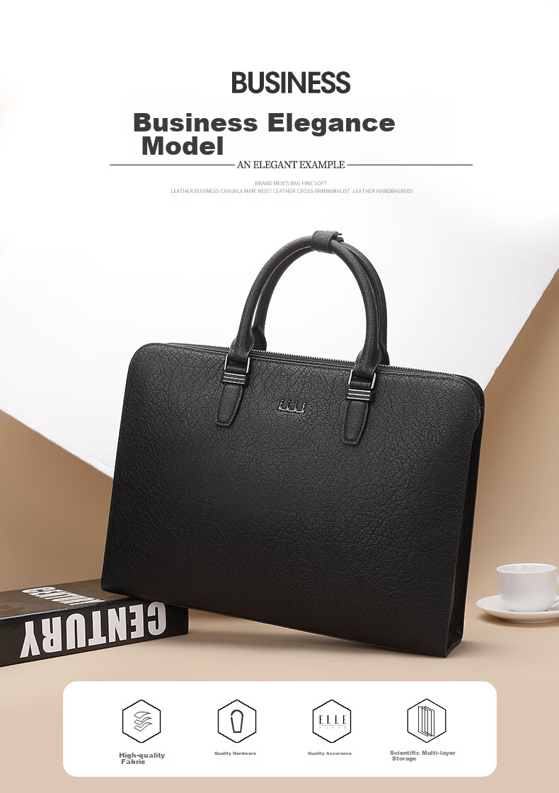 ELLE HOMME Men's Business Briefcase, Light Luxury Top-Grain Leather Handbag, Crossbody Laptop Bag for Men, 03910 Black 1