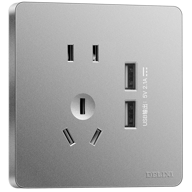 DELIXI Switch Socket Panel, CD821 Series, Two-Position USB Five-Hole Socket, Starlight Silver Large Panel