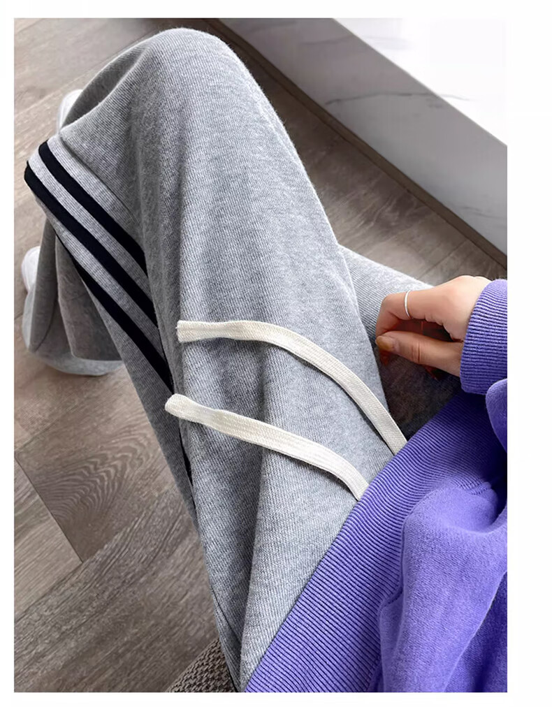 LangSha Women's Leggings with Two-Way Wear, Straight-Leg Three-Stripe Cotton Pants, Autumn Outer Wear, Sports Pants with Elastic Cuffs, Loose High-Waist Drawstring Sweatpants 23