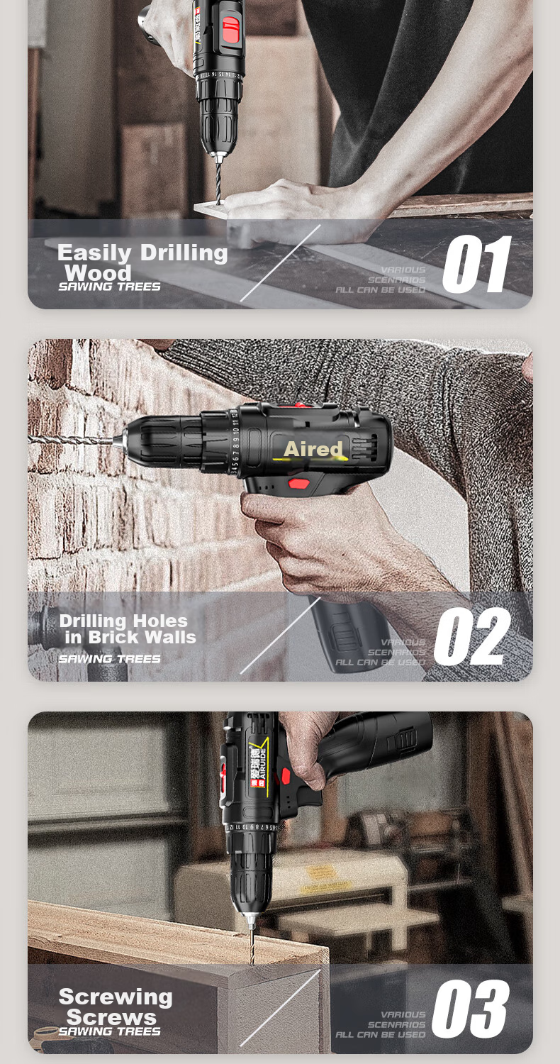 Airuide Cordless Drill, Household Rechargeable Electric Drill, Lithium Battery Pistol Drill, Multi-Functional Electric Screwdriver, Power Tool 7