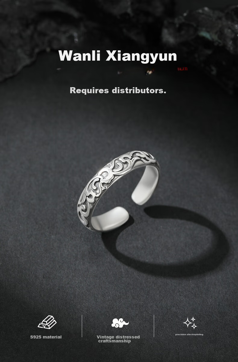 GLTEN Silver Ring for Men, Plain Band with Auspicious Cloud Design, Vintage Open Ring, Birthday Gift, Anniversary Present for Boyfriend Or Husband 1