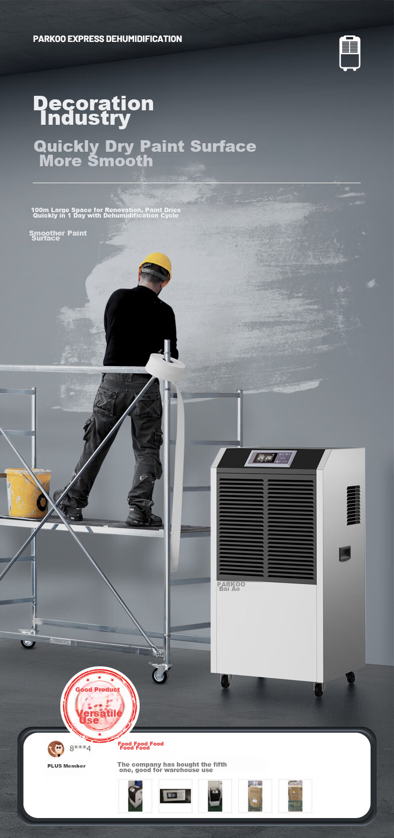 PARKOO Dehumidifier Industrial/extractor Fan, 100L High-Power, for Warehouses, Basements, Villas, Dehumidifier, 150-350 Square Meters Industrial Dehumidifier, BA-1380AE 6