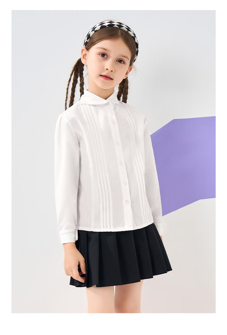 Luomeng Children's Shirt, Girls' Long-Sleeve Blouse, School Spring And Autumn Style, Fashionable Undershirt, White Pleated Long-Sleeve Shirt, Size 150 16