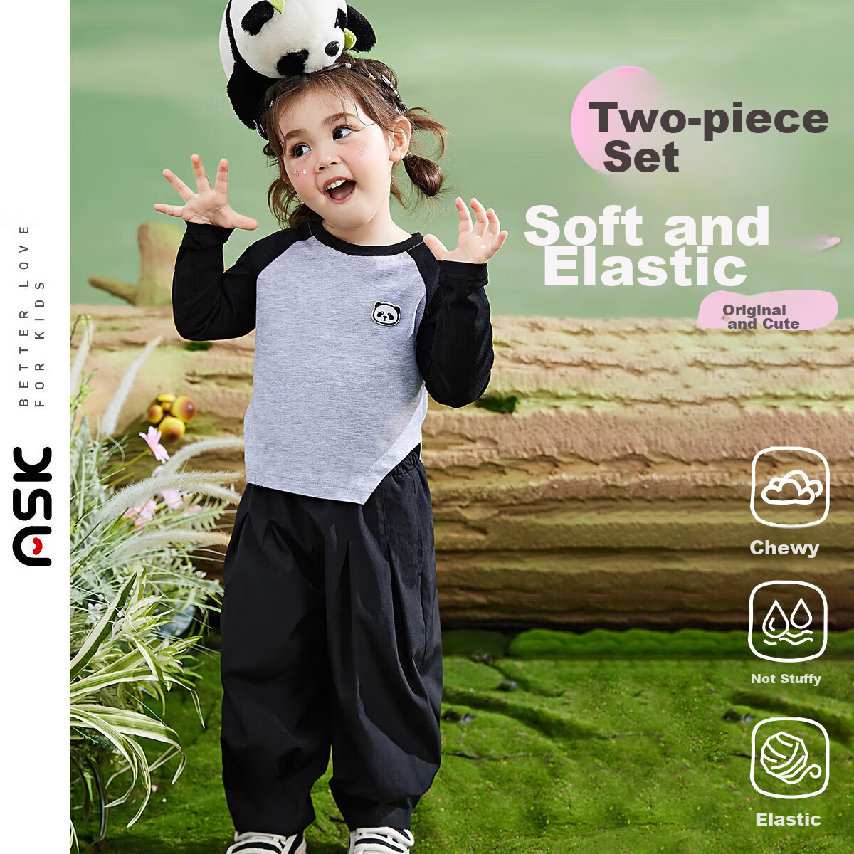 ASK JUNIOR Girls' Outfit, Autumn 2026, Toddler Color-Block Cartoon T-Shirt And Sports Pants Two-Piece Set, Black, Size 120