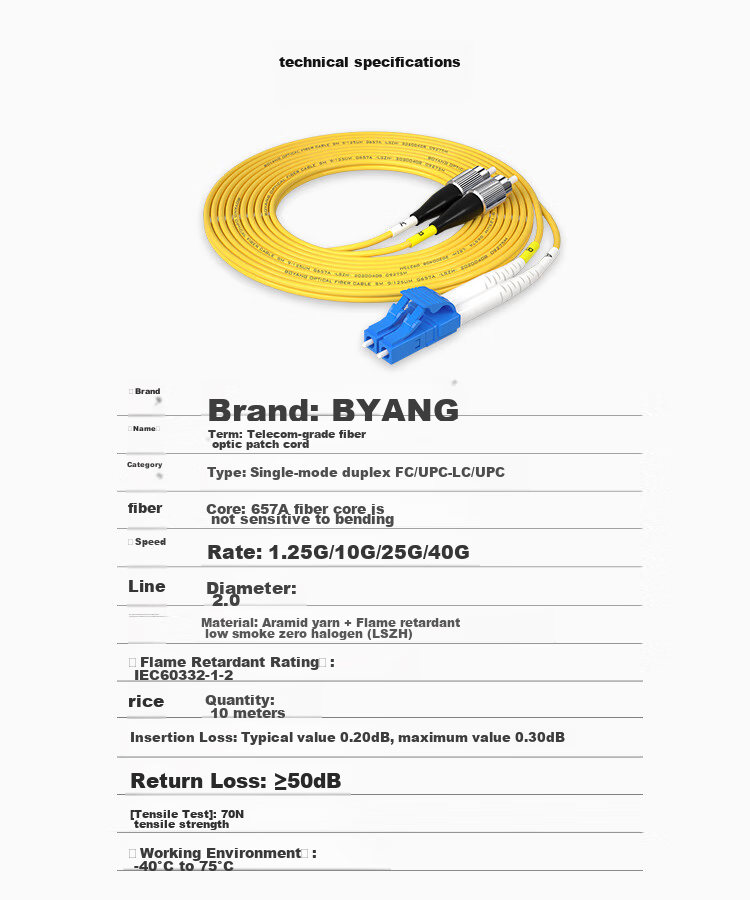 BOYANG Telecom-Grade Fiber Optic Patch Cable FC-LC (UPC), 10 Meters, Single-Mode Duplex Pigtail (9/125 2.0), Flame-Retardant Low-Smoke Zero-Halogen Jump Fiber Optic Cable, BY-10532S 9