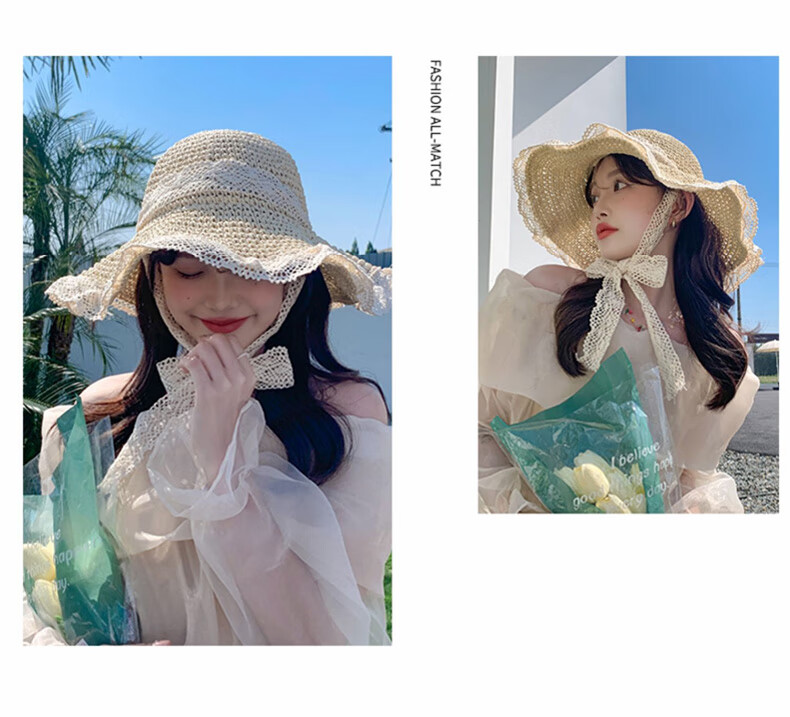 FitonTon Women's Summer Sun Hat Beach Outdoor Straw Hat Korean Style Travel Sun Hat with Tie Hollow Lace Edge Straw Braided Hat 20