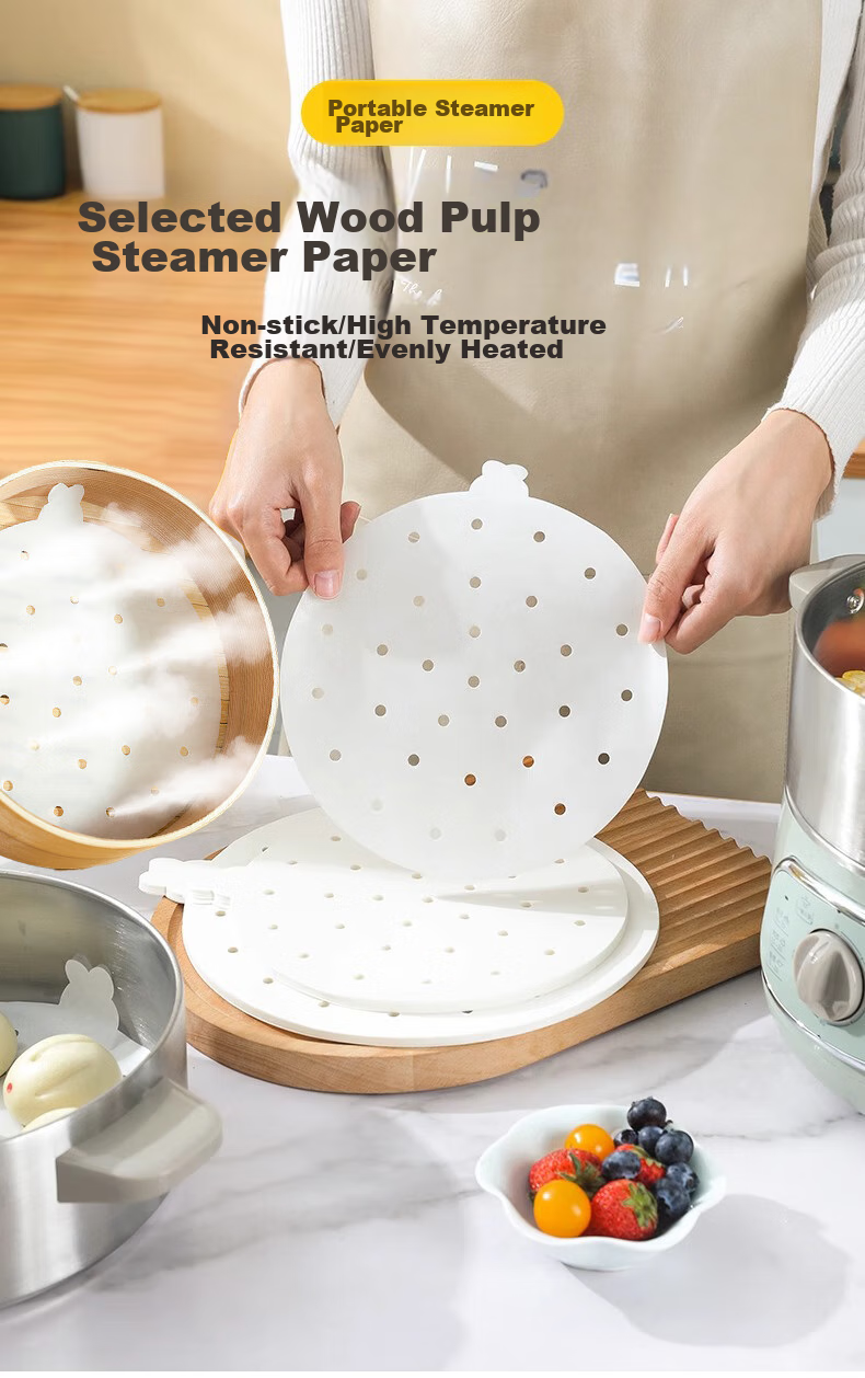 Jiamo Disposable Steamer Cloth, Silicone Oil Non-Stick Paper, for Steamed Buns And Cakes, Baking Liner, Diameter 24cm, 100 Sheets of Steamer Oil Paper 1