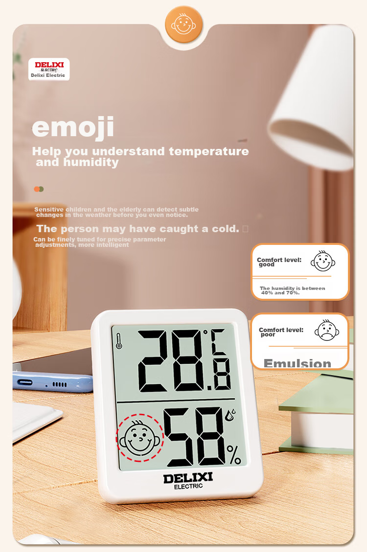 DELIXI ELECTRIC Electronic Thermometer for Indoor, Car, Office, Home, Bathroom, Baby Room, Digital Display High-Precision Wall-Mounted Temperature And Humidity Meter 7