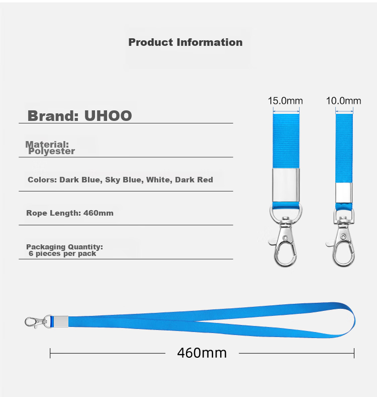 UHOO 6741-6 ID Card Lanyard (1.0cm Wide), Navy Blue, 6 Pieces/pack, ID Card Holder for Work Badge, Employee Badge, Chest Card, Bus Pass Holder, Student Meal Card Lanyard 3