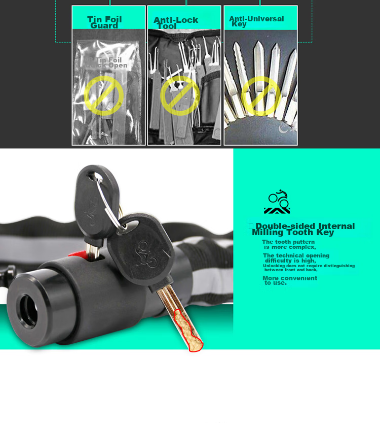 HOTUN Chain Lock, Bicycle Lock, Anti-Theft Portable Lock for Mountain Bikes, Electric Bikes And Motorcycles, HDHL-08 Classic Model 6
