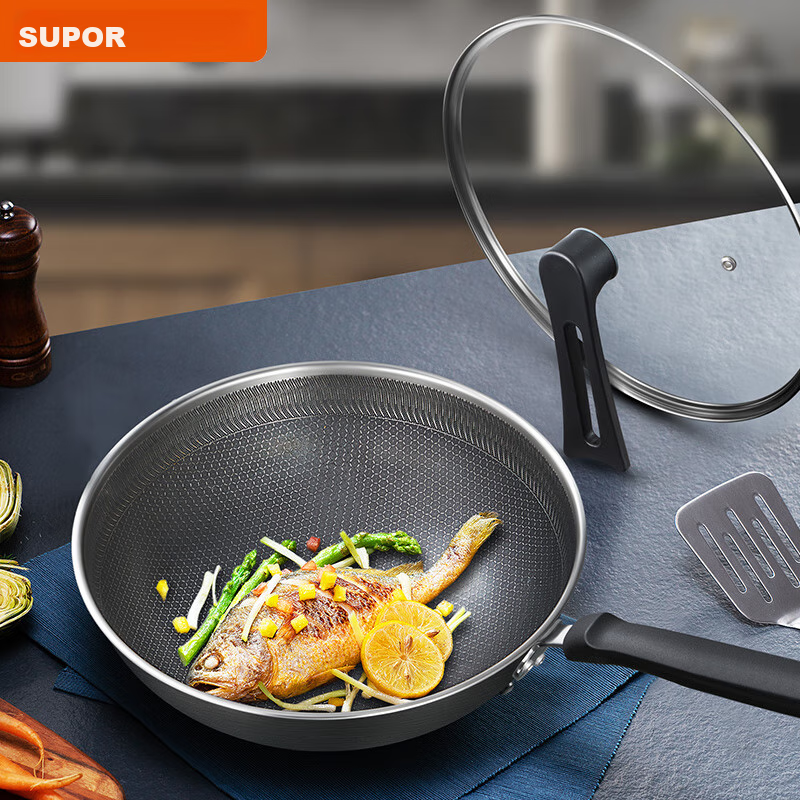 SUPOR Stainless Steel Honeycomb Non-Stick Wok 32cm Frying Pan Compatible with Gas And Induction Cooktops EC32JKC01