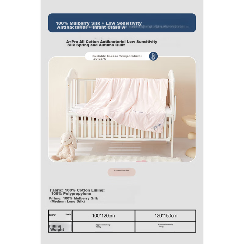 MERCURY Kids A+Pro Pure Cotton Antibacterial Hypoallergenic Silk Spring And Autumn Comforter for Children (Cream Pink), 120cm × 150cm, Class A
