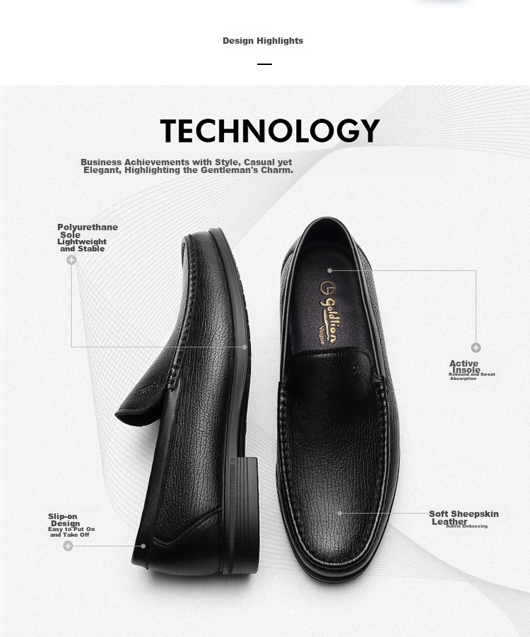 Goldlion Men's Shoes, Business Casual Shoes, Comfortable Lightweight Breathable Fashion Leather Shoes, 596830193ALB, Black, Size 38 6