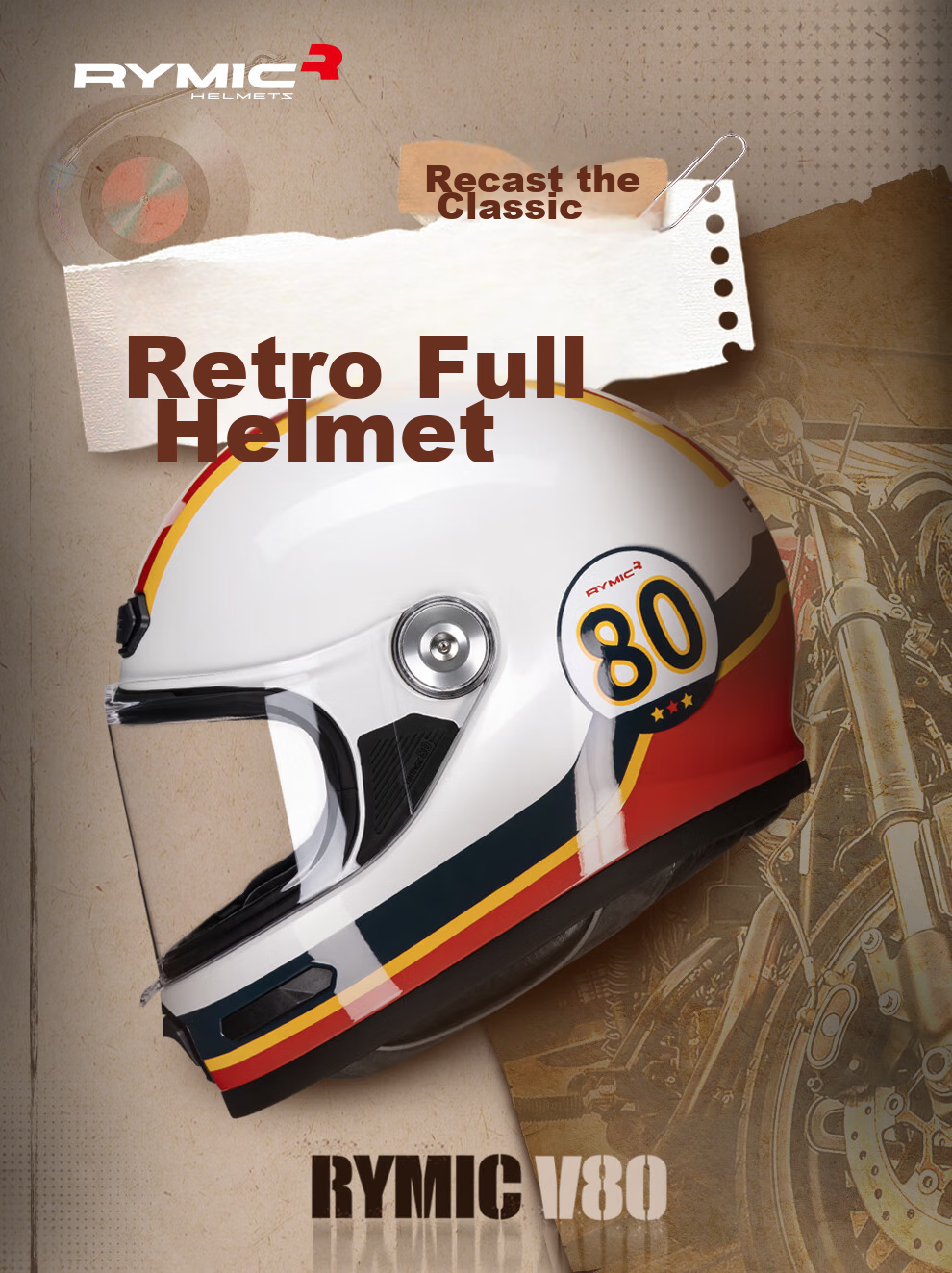 RYMIC Motorcycle Retro Full-Face Helmet, 3C Certified, for Men And Women, All-Season Riding Helmet, V80 Bright Moon White, 3XL 1