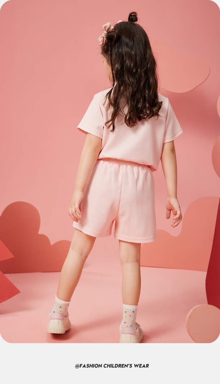 ASK JUNIOR Girls' Summer Thin Set, Toddler Waffle POLO Shirt And Shorts, Sports Running Two-Piece Set, Pink, Size 90 7