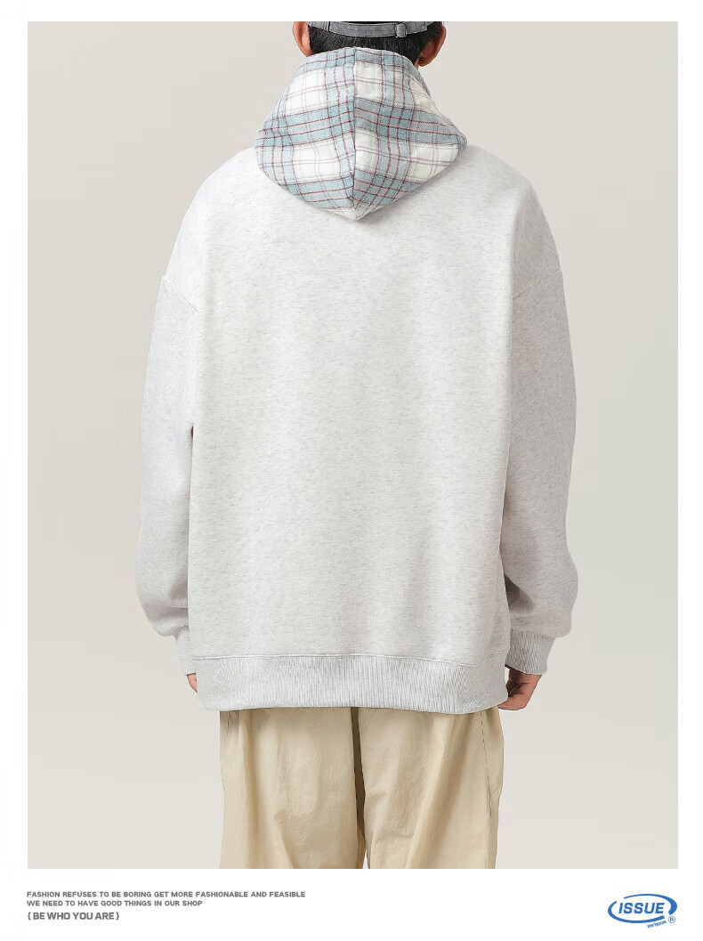 MMOPTOP American Retro Plaid Hoodie for Men, Spring And Autumn Season, Color Block Splicing Casual Top VE55162, Flax Gray, Size L 8