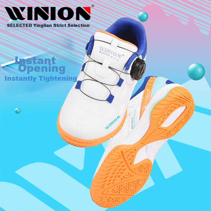 WINION Selected Table Tennis Shoes for Children, Boys And Girls, Zhengtu Rotary Buckle Style, Breathable Non-Slip Sports Shoes, White Blue Orange, Size 30